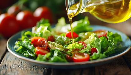 Hand pours bright yellow dressing onto fresh salad with crisp lettuce, juicy tomatoes. Light meal preparation focuses on healthy, organic ingredients