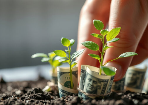 Planting money seedlings in soil for financial growth and prosperity - Powered by Adobe