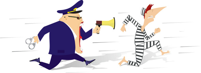 Angry police officer running after a prisoner. 
Male police officer with handcuffs in the hand shouts to megaphone and trying to catch up a prisoner

