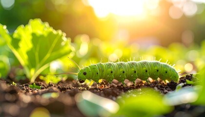 Fototapeta premium Green caterpillar on soil with leaves