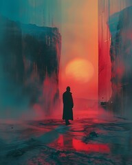 Silhouetted Figure in Surreal Clifftop Landscape at Sunset

