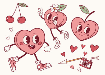 Whimsical cartoon hearts and cherries illustration depicting love and affection on creamy background in a playful style