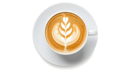 Overhead view of a delicious latte with intricate latte art in a white cup and saucer on a white background