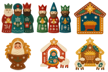Set of Scandinavian felt Nativity characters christmas decor – Three Wise Men, Holy Family, manger stables, baby Jesus & lambs – handmade wool-felt Christmas applique icons