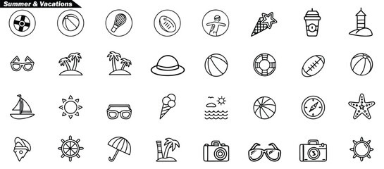 Summer and Vacation Themed Icons in Black and White Line Art beach travel