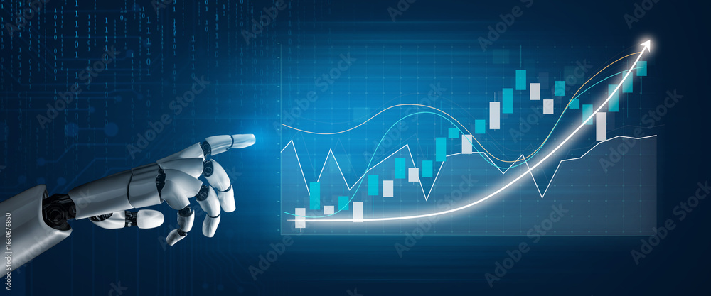 Poster a robotic hand points at a digital stock market chart, illustrating finance trends and data analytic