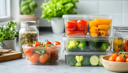 Stack of clear food containers filled with fresh vegetables like tomatoes, broccoli, peppers. Organized kitchen scene promotes healthy eating, meal prep convenience