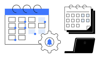 Calendar pages with highlighted events, notification gear icon, and a laptop. Ideal for scheduling, productivity, time management, reminders, planning digital tools workflow. A simple flat metaphor