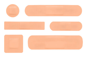 variety of realistic plaster strips on transparent background, different shapes and sizes, isolated, extracted, png file