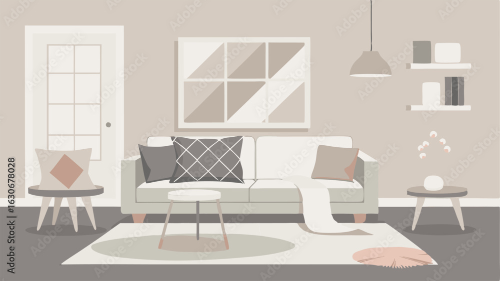Poster a muted color palette of beige offwhite and light gray throughout the room with pops of color from p