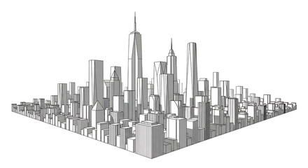 Fototapeta premium Detailed architectural sketch of a modern city skyline with numerous skyscrapers and buildings rendered in black and white