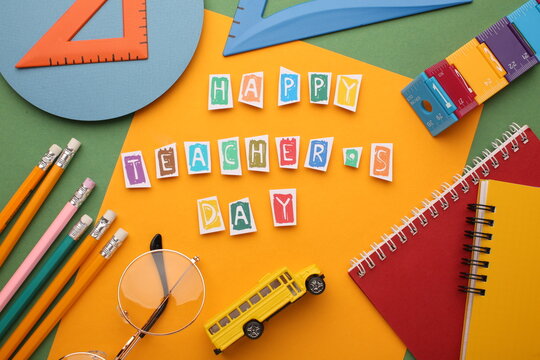 Teacher’s Day greeting with notebooks, pens, and beautiful floral accents