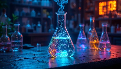 Glowing Erlenmeyer Flask with Plasma Energy, Mystical Science Lab, Dark Moody Background