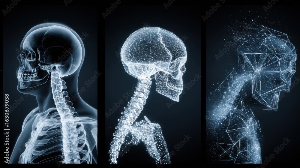 Poster skeleton visualization showing human anatomy with detailed structures and abstract representation in