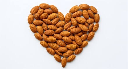 A heart shape formed by a pile of nutritious almonds on a clean white background symbolizing healthy eating and love