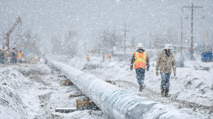 Frozen Pipeline Construction Site in Winter with Workers in Background