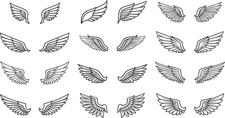 Vector art of collection of diverse handdrawn wing illustrations in various styles and sizes, isolated on a white background, symbolizing freedom and divinity transparent background