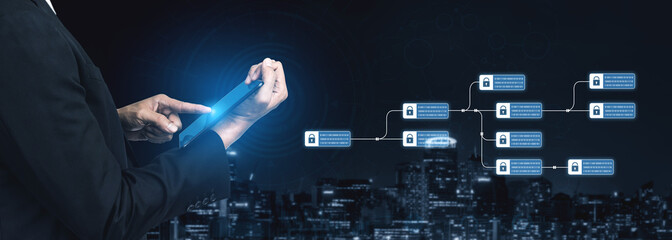 Blockchain structure showing distributed data blocks linked with encryption, representing secure...