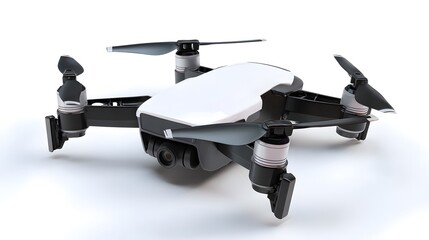 A sleek white and black quadcopter drone hovers, ready for aerial photography and videography.