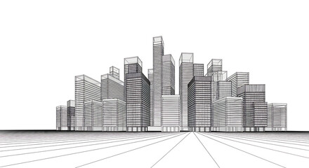Abstract architectural sketch of a modern city skyline with a perspective view of streets and buildings in black and white