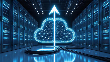 Global network communication technology and data storage concept illustration with a blue background. Futuristic server room. 