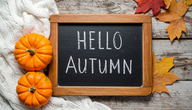 Rustic chalkboard with charming HELLO AUTUMN message, fall foliage and warm tones.