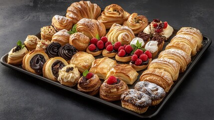 Assorted French pastries like croissants, éclairs, and fruit tarts arranged beautifully on a serving tray.

