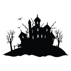 Vector art of silhouette of a haunted house with dead trees and birds