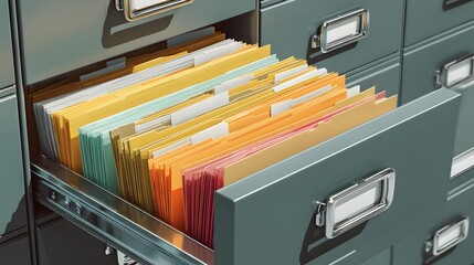 Open filing cabinet drawer filled with multicolored files and folders in an office setting.