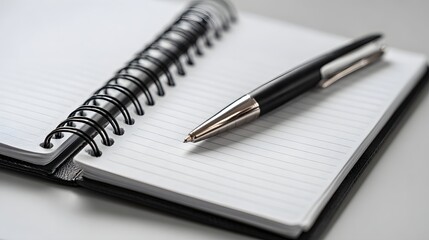 Open notebook with a pen resting on its lined pages, ready for writing or note-taking.