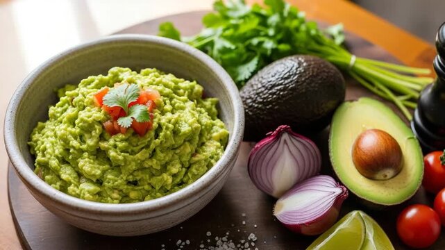 Ingredients for guacamole preparation arranged on a cutting board next to guacamole in a ceramic bowl