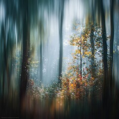Misty autumn forest with blurred trees