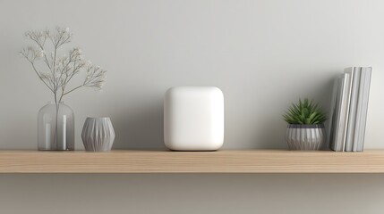 Minimalist shelf arrangement featuring plants, vases, books, and a smooth white cube object.