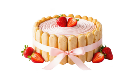 Delicious strawberry charlotte cake with ribbon isolated on transparent background