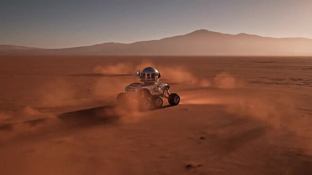 Advanced exploration rover navigates dusty Martian terrain under a hazy, distant mountain range during a vibrant sunset, showcasing scientific discovery and space endeavor.