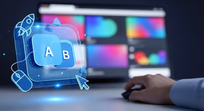 Digital A/B testing interface with data analytics on computer screen for business growth