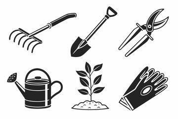 Gardening Tools and Plant Icon Set.