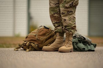 Military Boots and Camouflage Gear on Concrete Ground