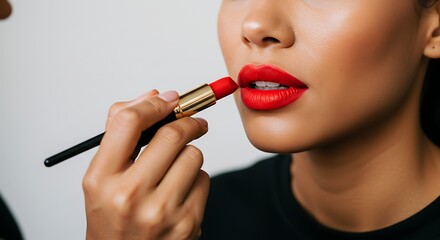Fototapeta premium Applying Bold Red Lipstick to Luscious Lips
