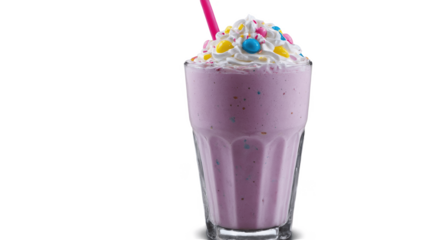 Refreshing milkshake topped with colorful sprinkles and whipped cream served in a tall glass with a pink straw