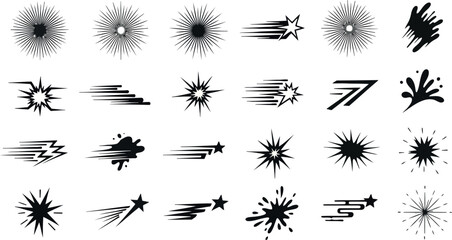 Vector art of collection of abstract starbursts, motion lines, and paint splashes, isolated on white background transparent background