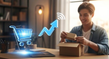 Man unboxes package as digital icons signify ecommerce growth and online success