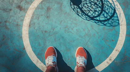 Basketball: basketball, hoop, shoes, court.