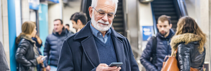 Stylish grandfather engaged with smartphone in busy urban subway station