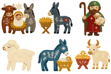 Set of Scandinavian felt Nativity animals, christmas decor. Shepherd, donkey, ox, lambs, manger with baby Jesus &ndash; handmade wool-felt Christmas applique icons