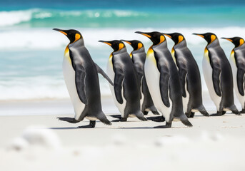 Fototapeta premium A line of king penguins walks along a sandy beach with the ocean in the background, showcasing their distinctive markings and natural habitat