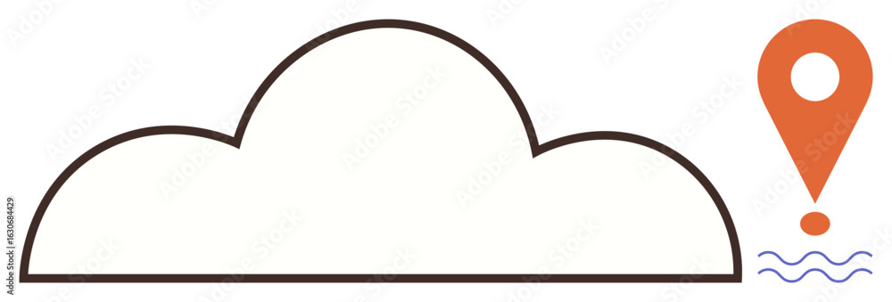 Poster outline of a cloud beside an orange map location pin over minimal waves. ideal for data storage, clo