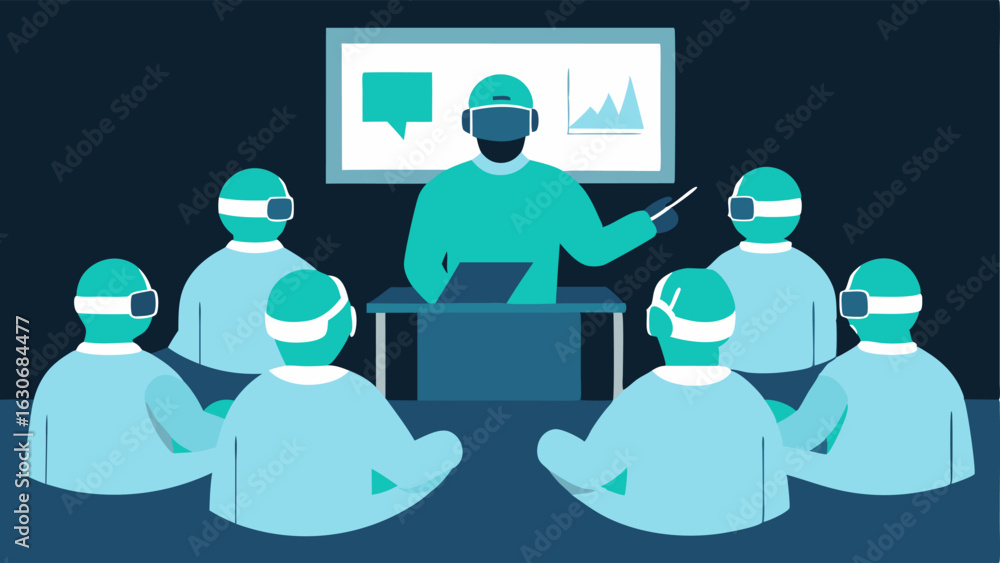 Poster feedback session surgeons sitting in a circle in a modern classroom wearing vr headsets while an ins