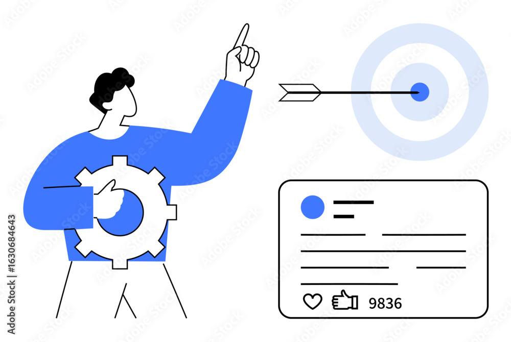 Poster man with cogwheel points to nearby focus target and analytics card with engagement metrics. ideal fo