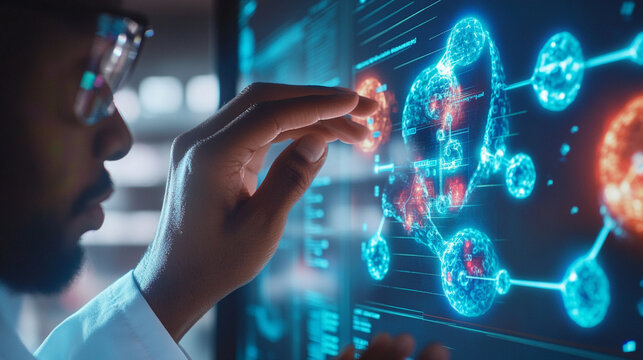 Close-up of an augmented reality molecular display showing autophagy, hands of a scientist with dark skin adjusting the hologram interface